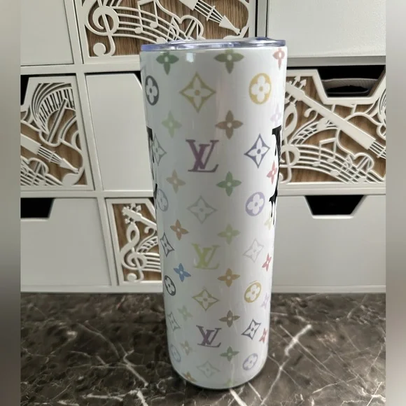 Louis Vuitton LV Blue White Leather Bling Glam Luxe Designer 20oz Tumbler - Picture 4 of 8